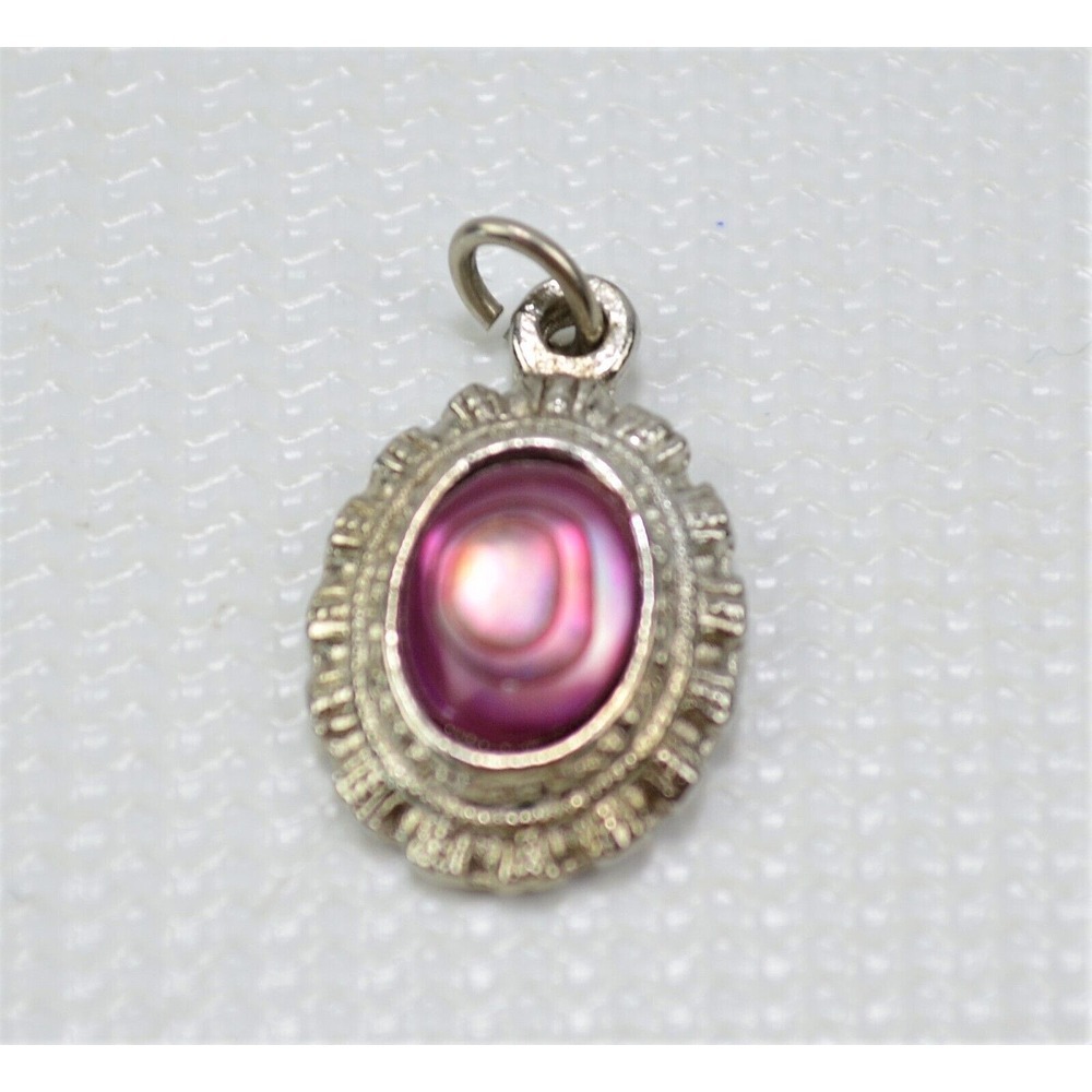 Vintage Small Pink Stone Silver Toned Pendant .75" x .50"